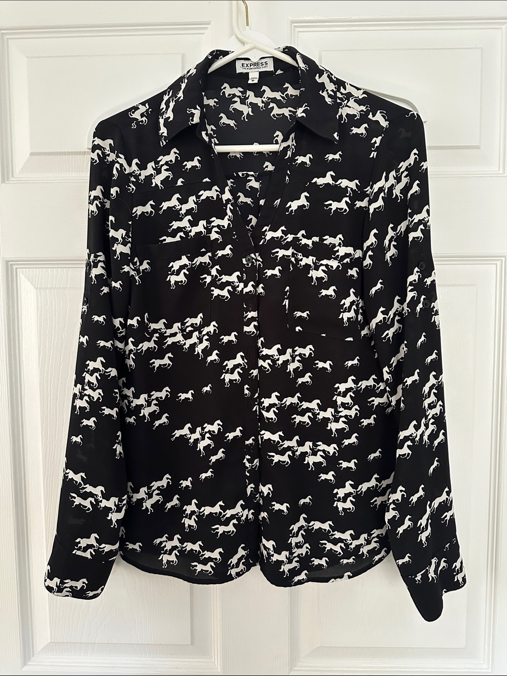 Express Black Button-Up Shirt with White Horse Print